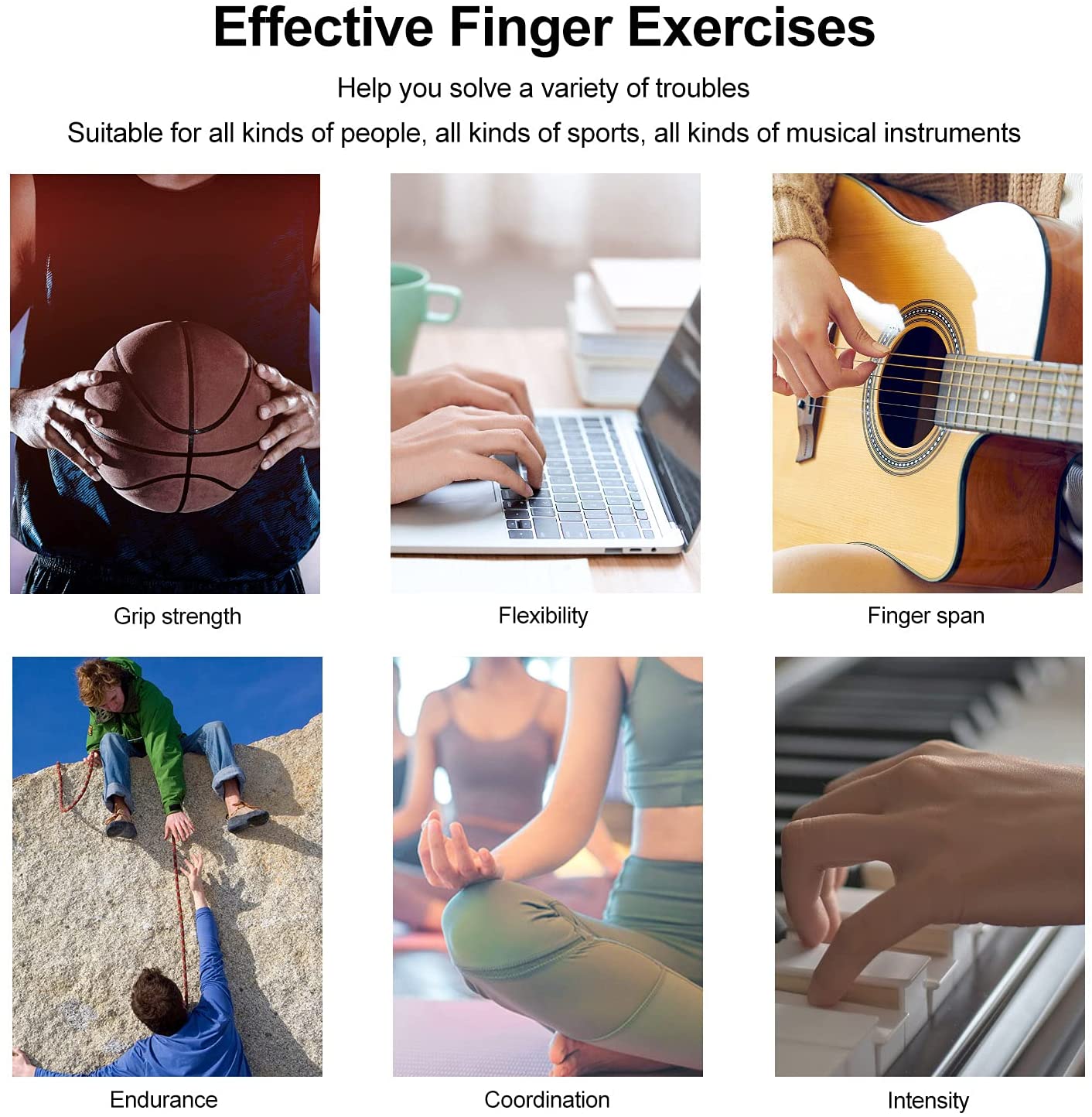 Finger exerciser training collage showing grip, flexibility, and finger span activities