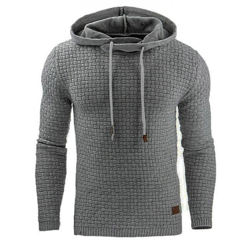 Men's textured hoodie in dark gray, drawstring hood with ribbed cuffs