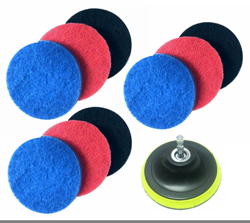 Electric drill cleaning brush pad set with blue, red, and black discs
