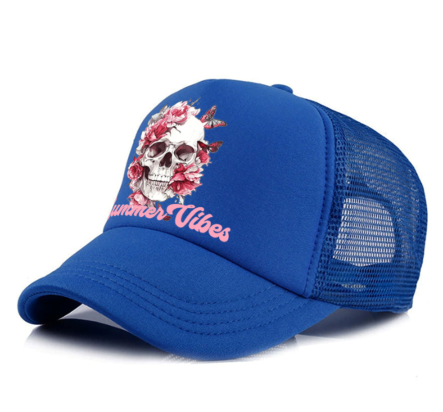 Blue men's baseball cap with mesh back and embroidered floral skull patch