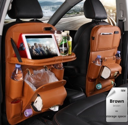Orange-brown PU leather car seat back organizer with tray, drink holders, and side storage