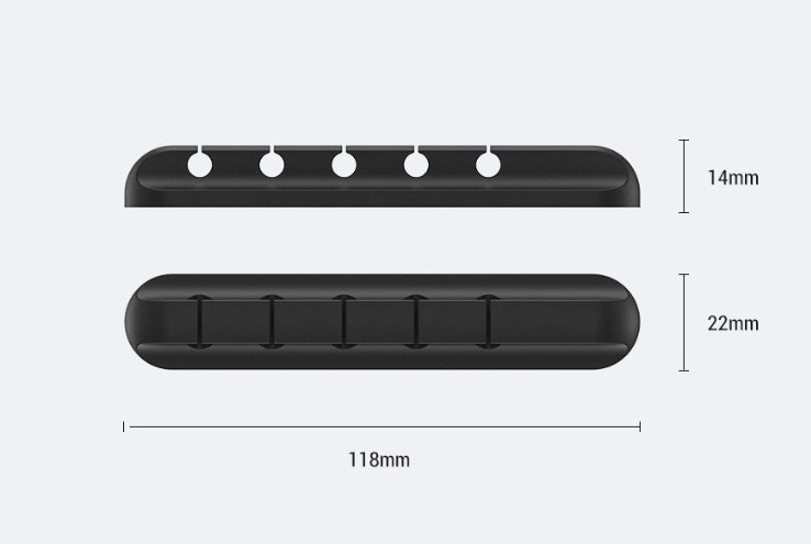 Black silicone cable organizer bar size diagram with clip holes