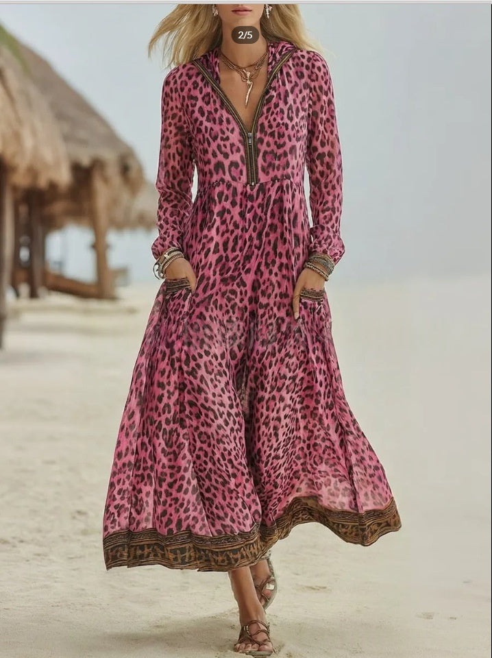 Pink leopard-print hooded maxi dress with long sleeves and tiered maxi hem