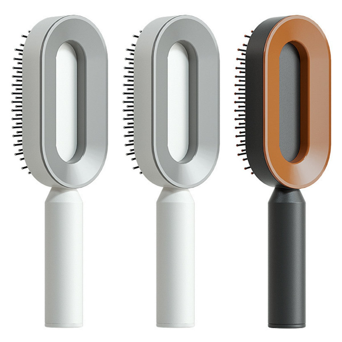 Self-cleaning hair brush set with oval light gray and tan cleaning heads and white/dark handles