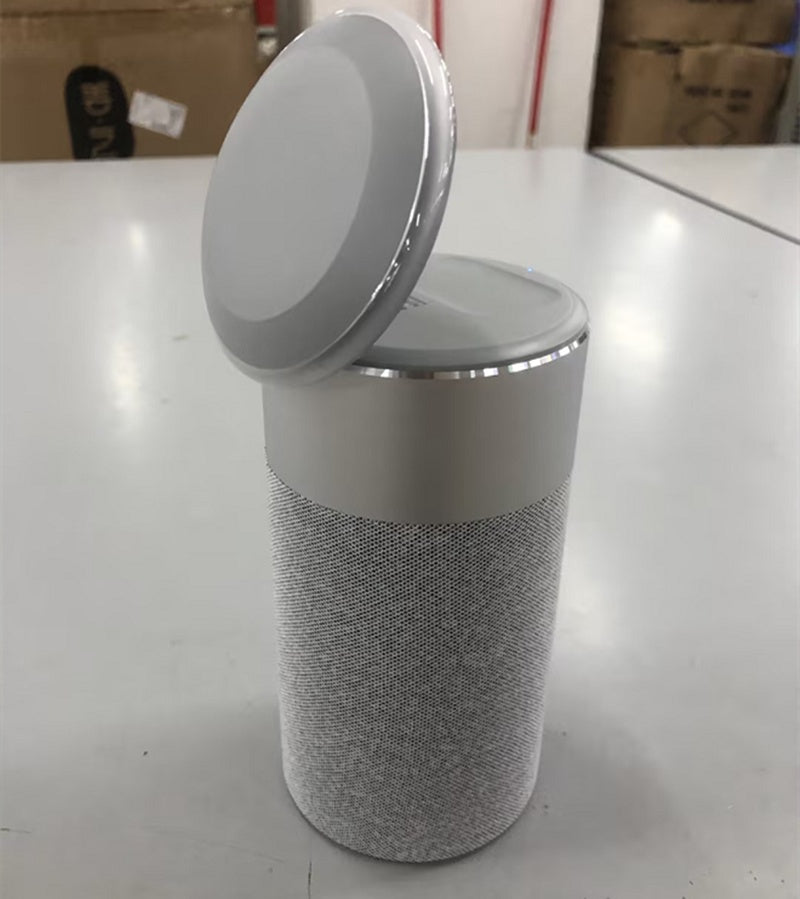 3-in-1 wireless charger speaker with lamp, grey fabric cylinder with open round top lid
