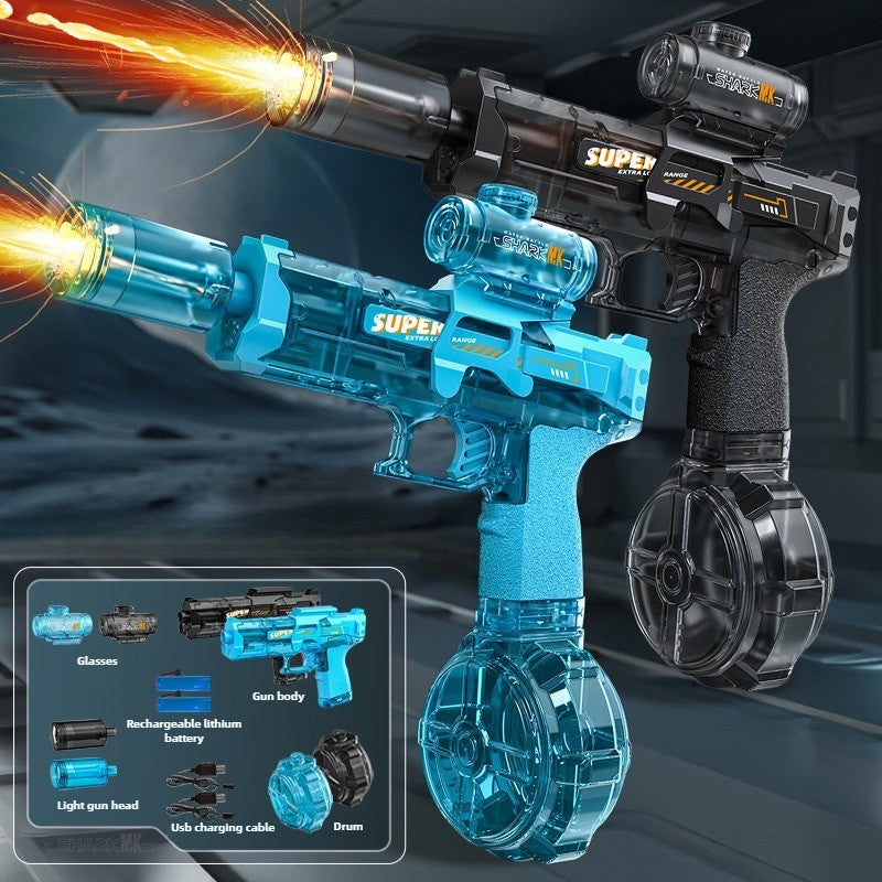 Blue and black electric water gun with clear water drum and glowing muzzle flare