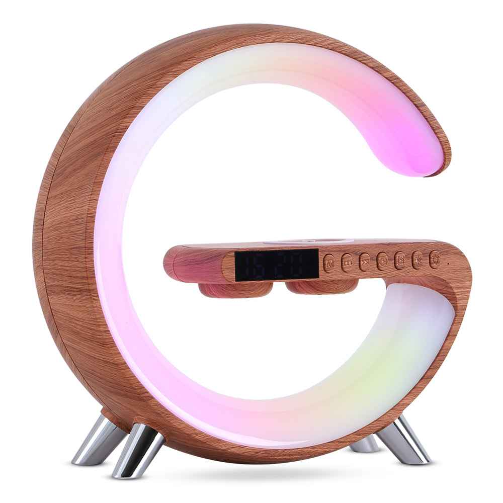 Wood-base LED lamp with glowing circular ring and curved light