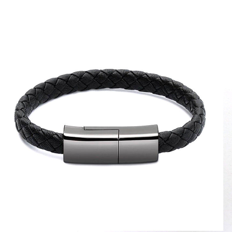 Black braided charging bracelet cable with silver center clasp