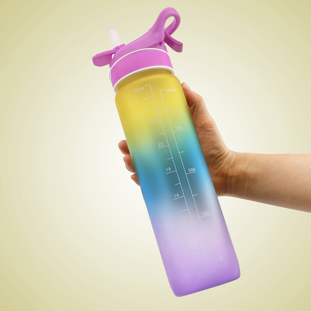 Water bottle with flip straw cover, purple-to-green gradient, printed hydration timing lines.