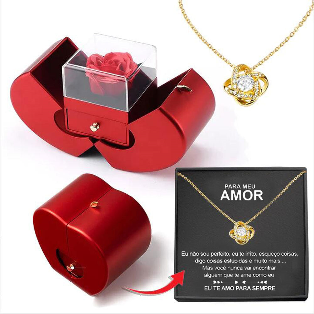 Red heart jewelry box with glass rose top, gold chain necklace and message card