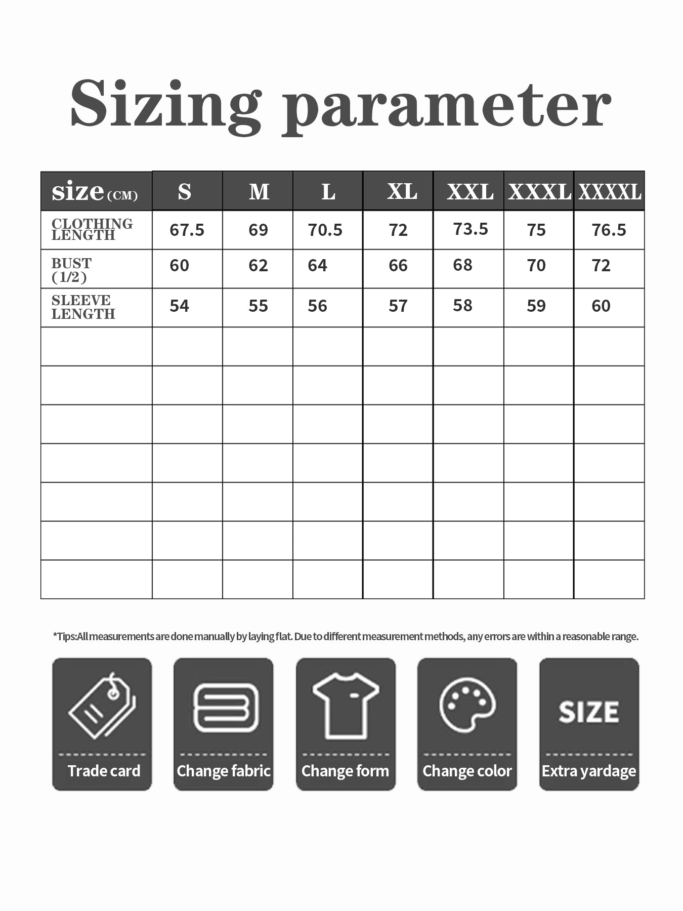 Hoodie sizing chart table with sizes S to XXXXL and length measurements in cm
