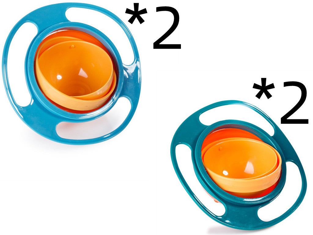 Two teal rotating spill-proof bowl dishes with orange inner bowls and loop handles.