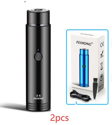 Black portable electric mini shaver kit with spare head and charging accessories.