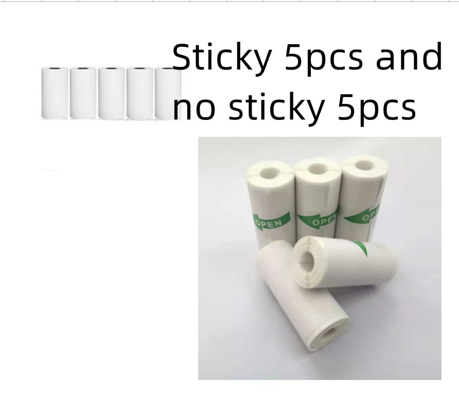 White paper rolls for mini label printer, showing both sticky and non-sticky types