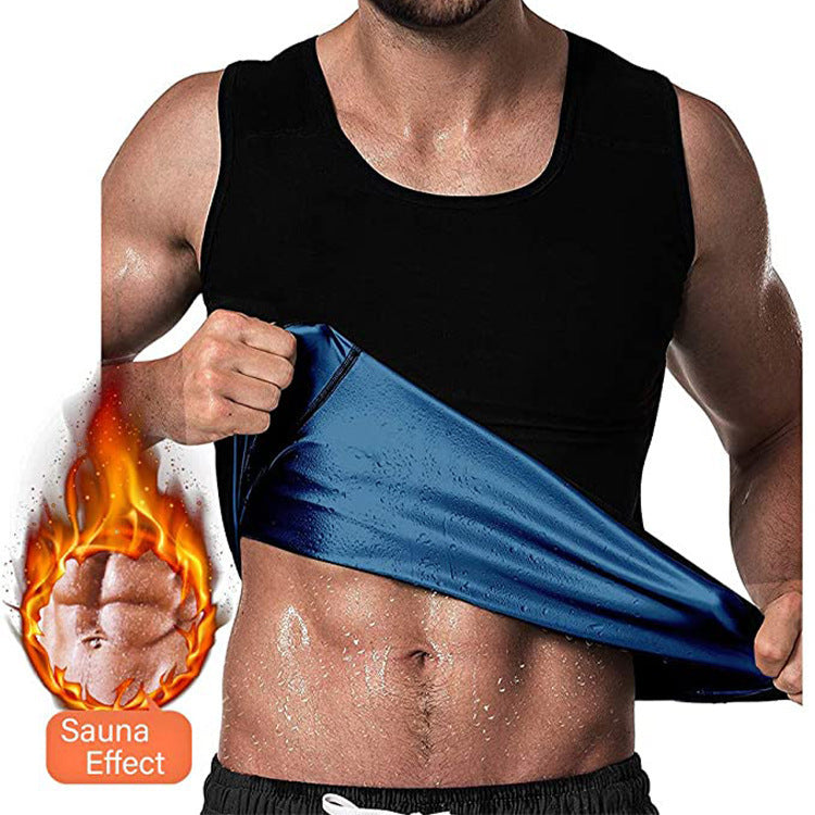 Corset-style sweat vest with black tank and blue metallic waist panel