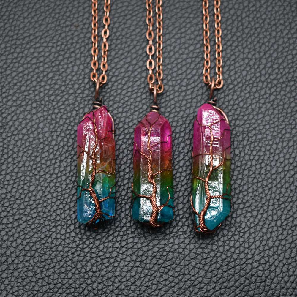 Set of rainbow crystal pillar necklaces with copper chains and wrapped pendant details