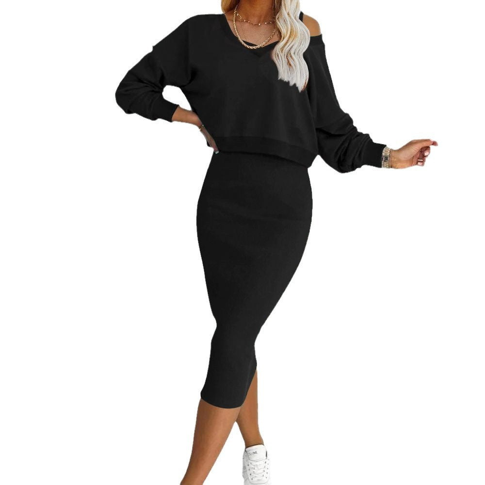 Two-piece midi dress set in black, long-sleeve V-neck pullover and fitted sleeveless dress