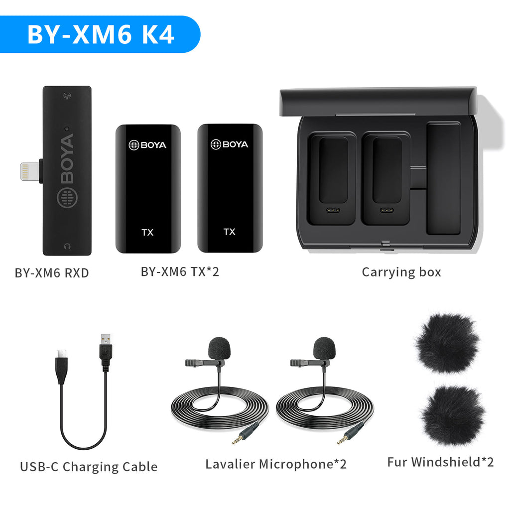 Clip-on wireless lavalier microphone kit: 2 microphones, USB-C cable, 2 fur windshields