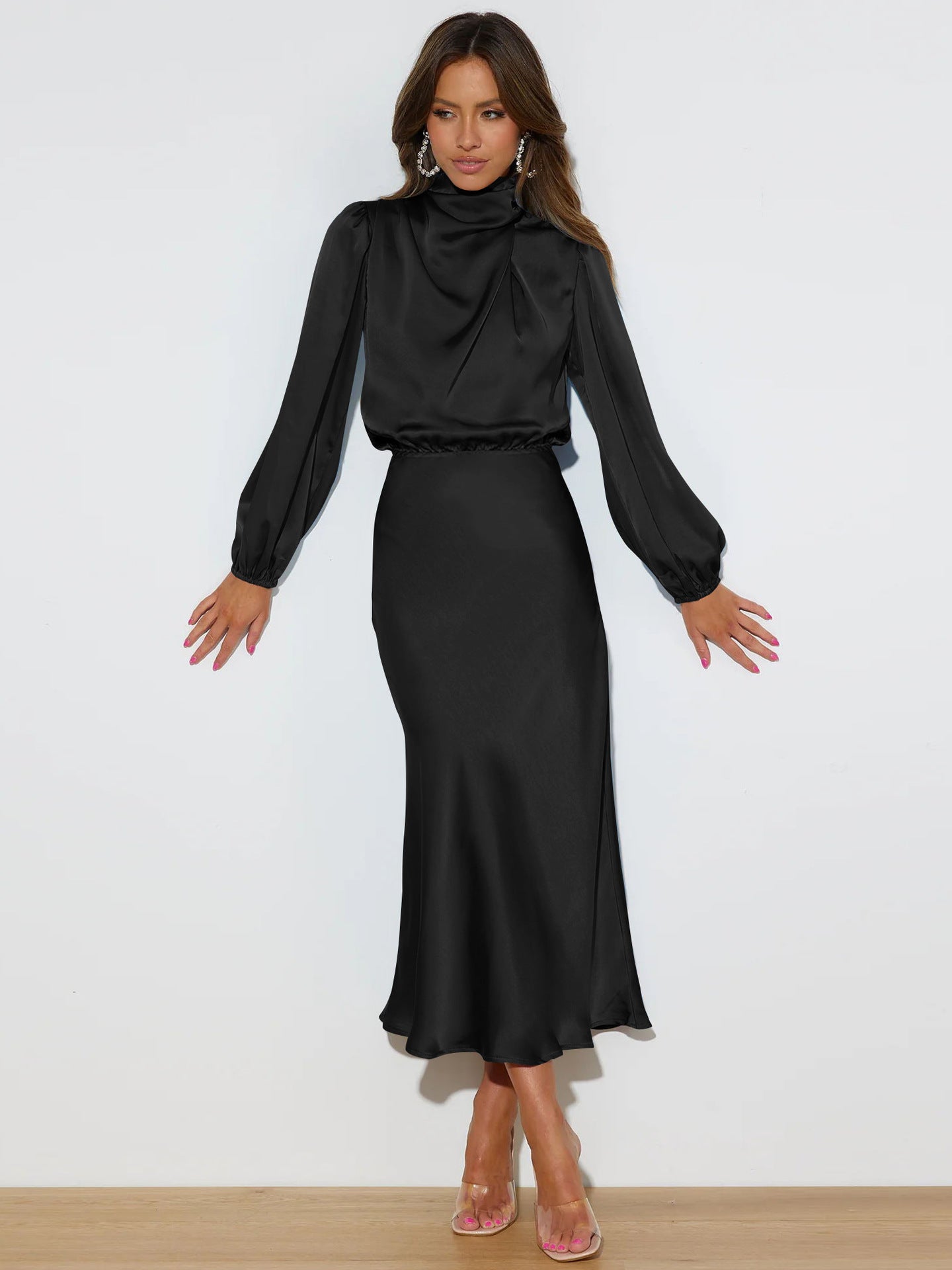 Black long-sleeved satin midi dress with high neckline and puff sleeves