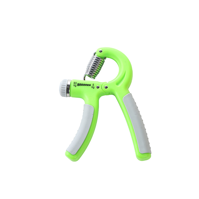 Green hand grip finger exerciser with silver spring and white textured grips