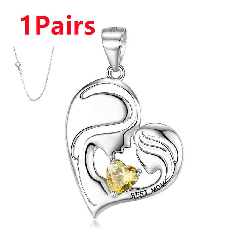 S925 sterling silver heart necklace pendant with yellow gemstone and Best Mom engraving