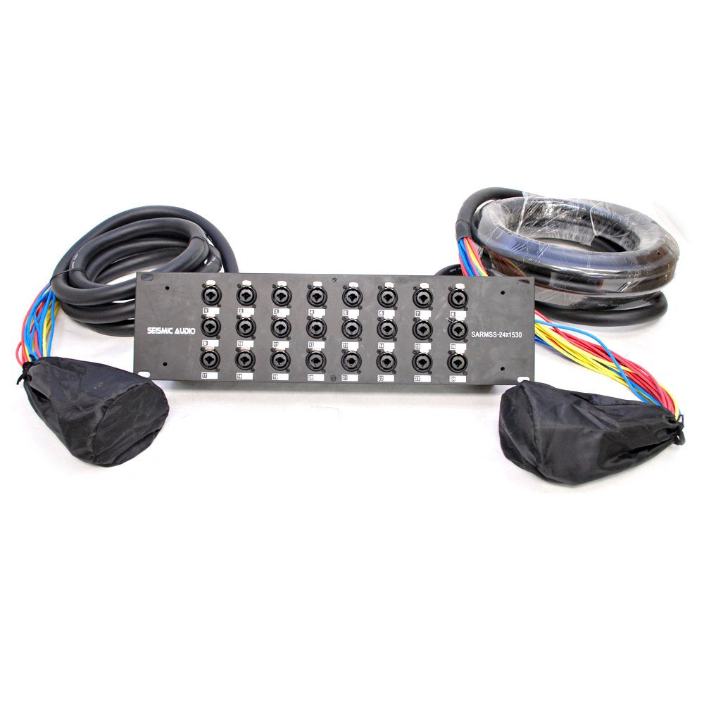 Rack-mount XLR/TRS splitter snake cable with bundled color-coded trunks and 16 ports
