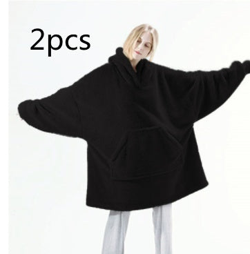 Black hooded fleece sweatshirt with front pouch pocket, relaxed fit