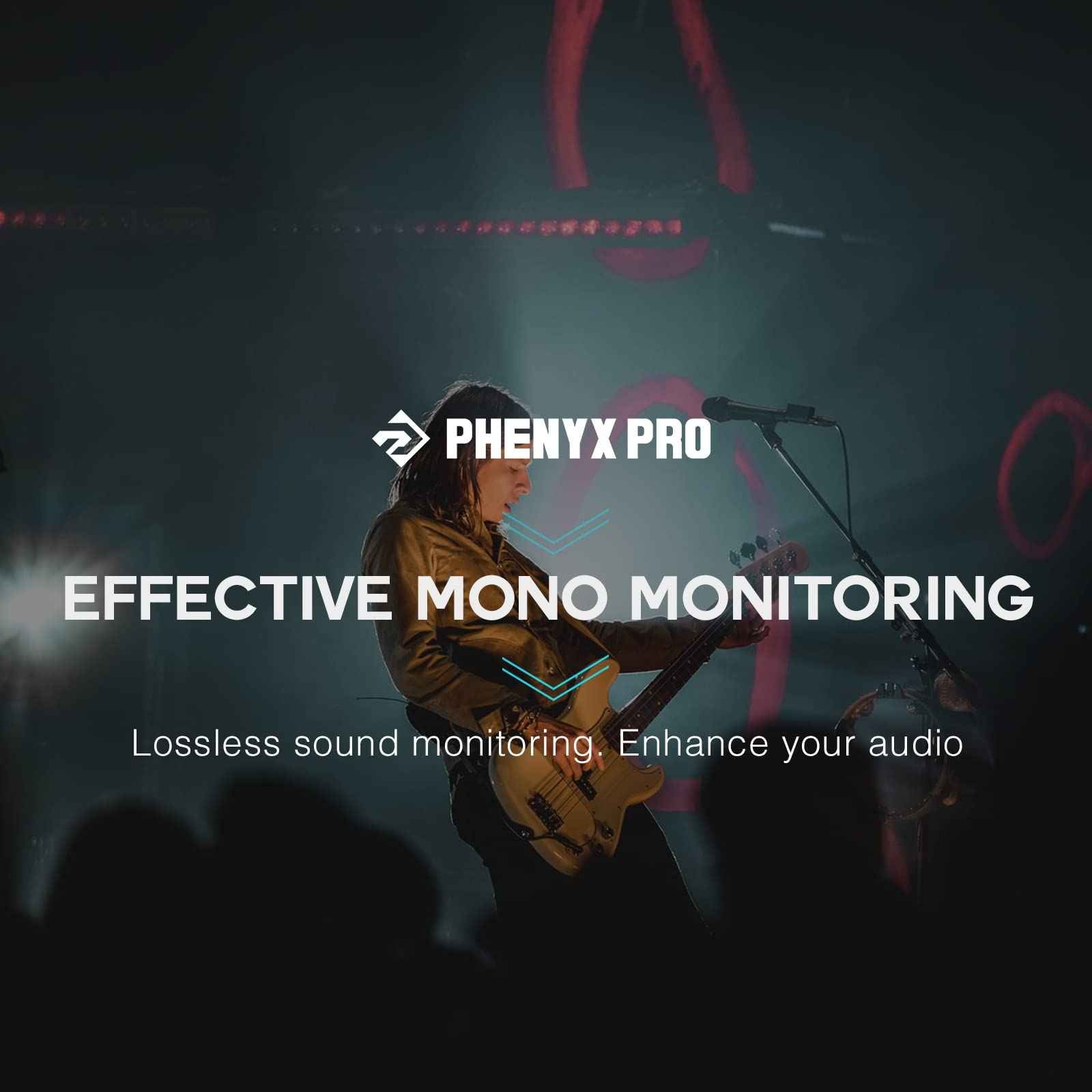 Musician wearing in-ear monitors for mono on-stage monitoring