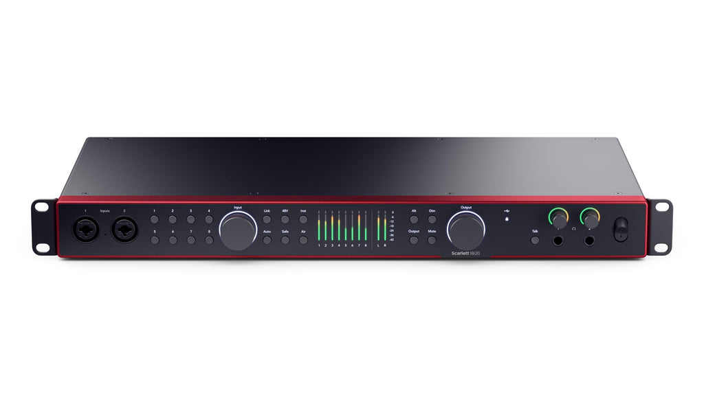 Red Focusrite Scarlett 18i16 USB audio interface with front knobs and meters