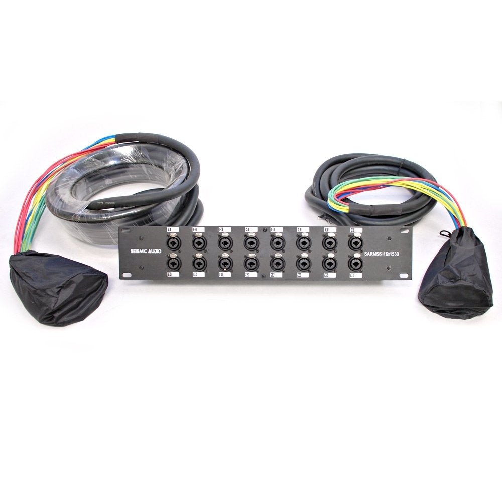 Rack-mount audio splitter snake kit with front ports and two trunk cable bundles