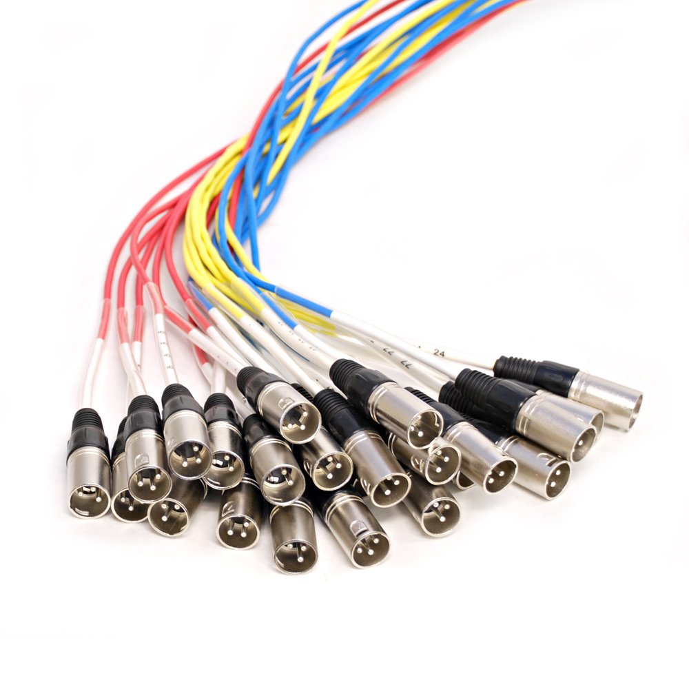 Audio splitter snake cable bundle with XLR connectors and multicolor wiring