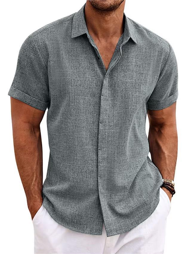 Men's gray linen short-sleeve button-front shirt, collared
