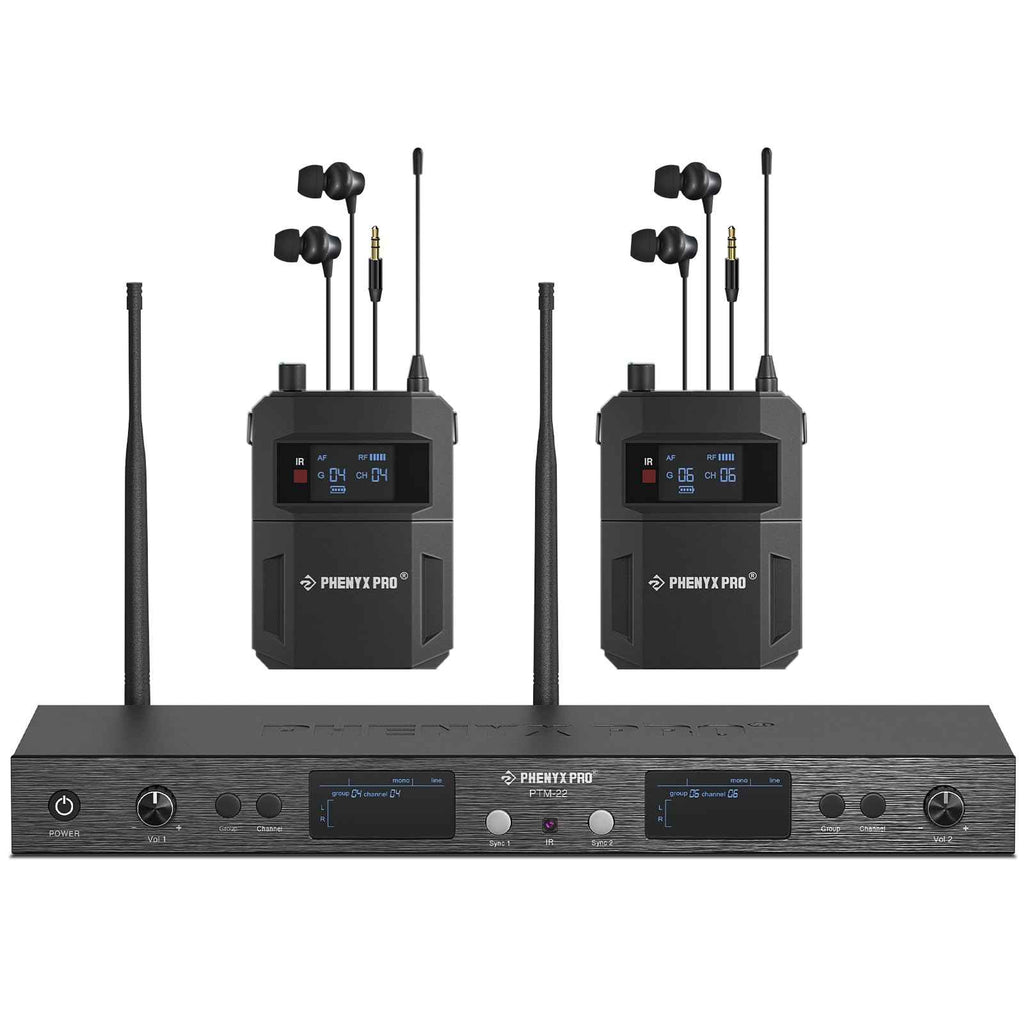 Phenyx Pro wireless in-ear monitor system with dual bodypacks, earbuds, and transmitter rack