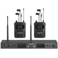 Phenyx Pro wireless in-ear monitor system with dual bodypacks, earbuds, and transmitter rack