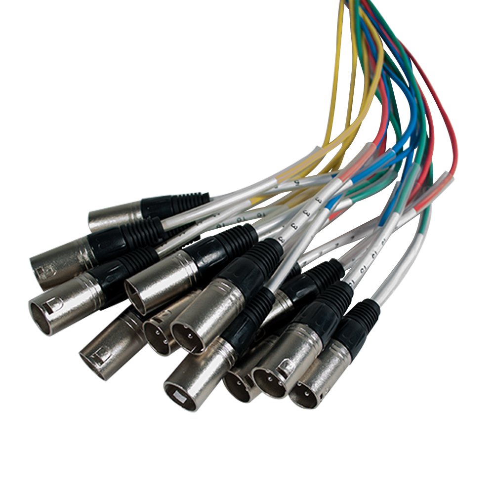 Audio splitter snake cable bundle with mixed XLR plugs and colored strain leads