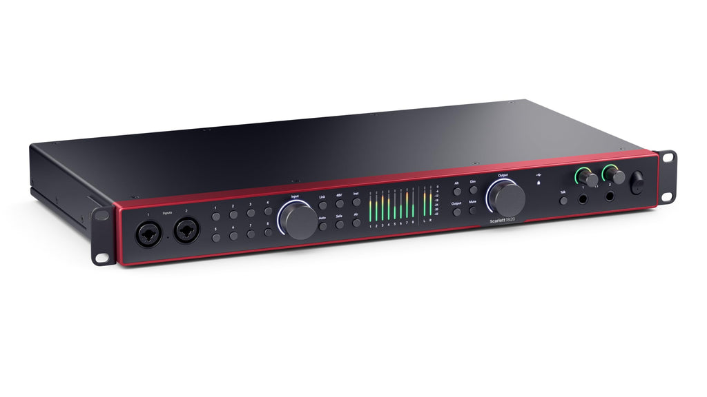 Focusrite Scarlett 18i16 USB audio interface, black rack-mount unit with front controls and LEDs