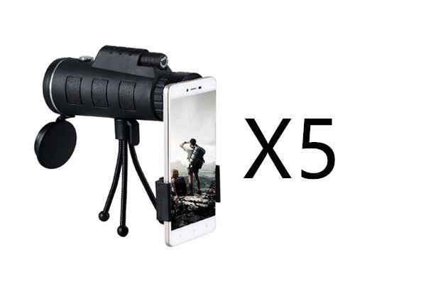 Monocular telescope with phone clip on tripod and side lens cap