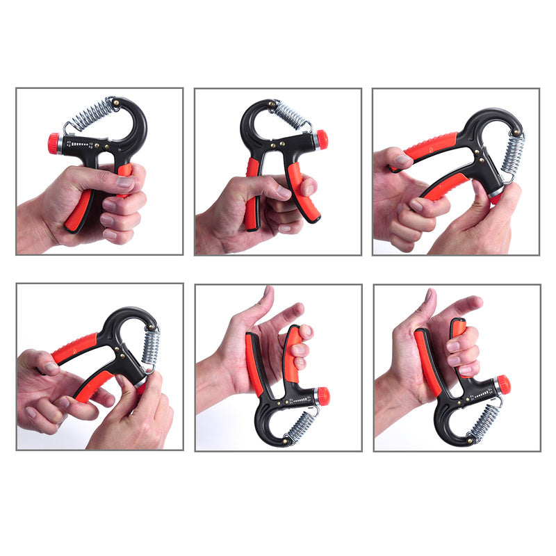 Finger exerciser hand grip shown in multiple hand positions, black with red handles