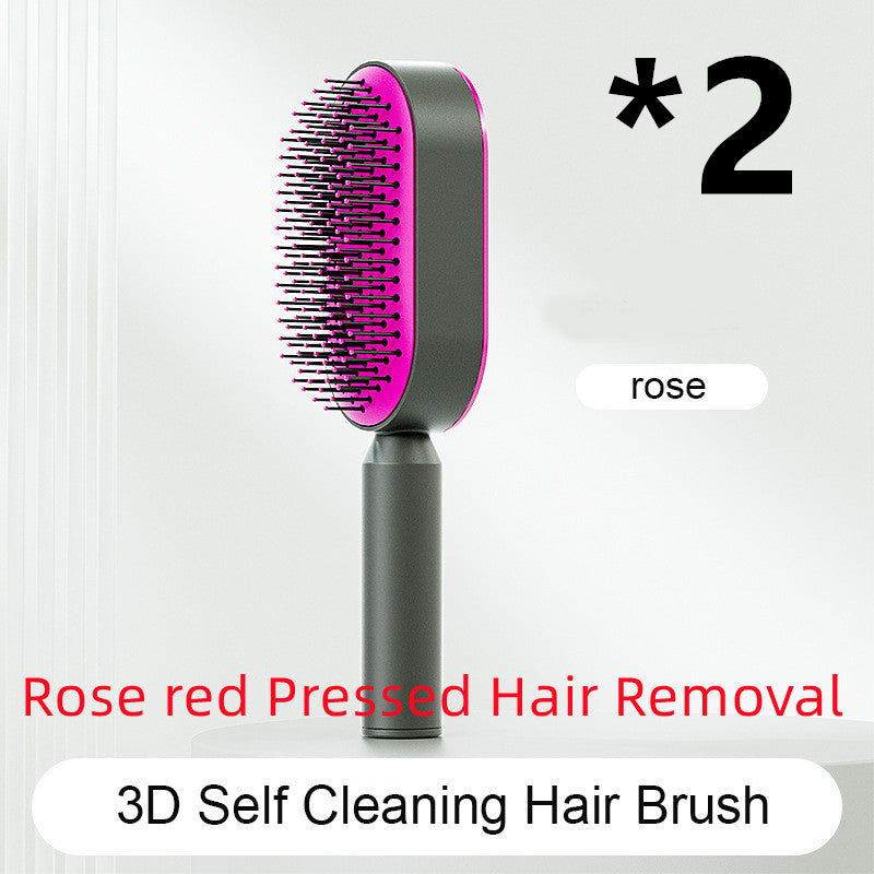 Self-cleaning airbag hair brush with magenta bristle head and gray handle