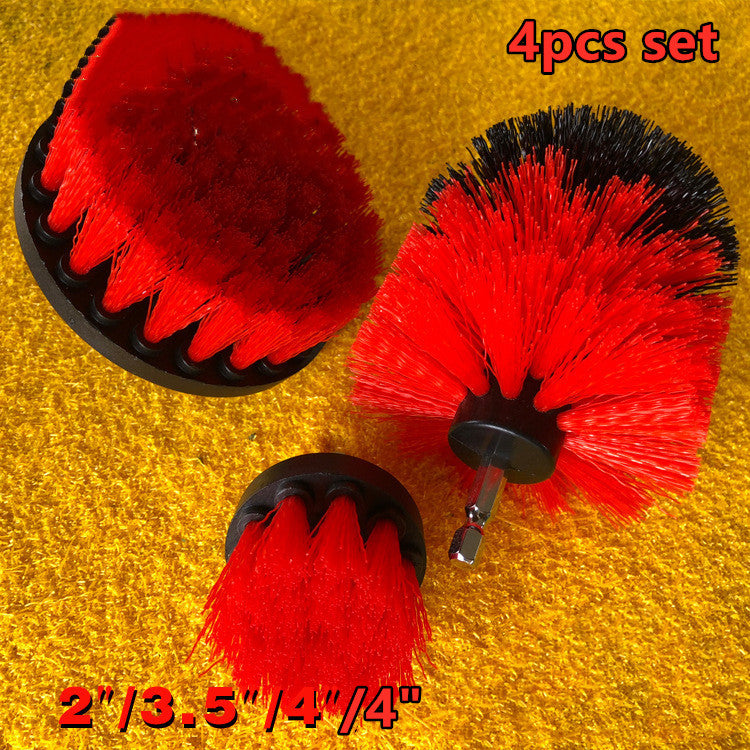 Electric drill brush set with red bristle heads and black mounting bases