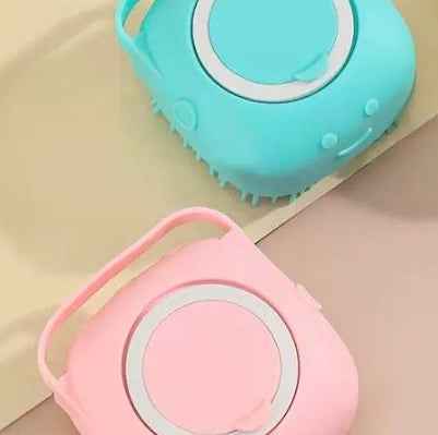 Silicone pet bath massage brush glove with circular bristle pad, pink and turquoise