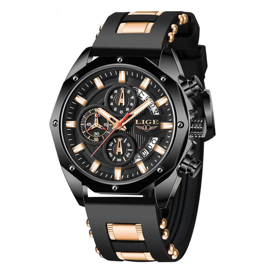 Black silicone sport watch with gold accents and multi-dial chronograph