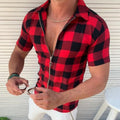 Men's red plaid short-sleeve zip shirt, close-up front
