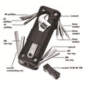Portable tool set layout with hex keys, slotted bits, sockets, and punch
