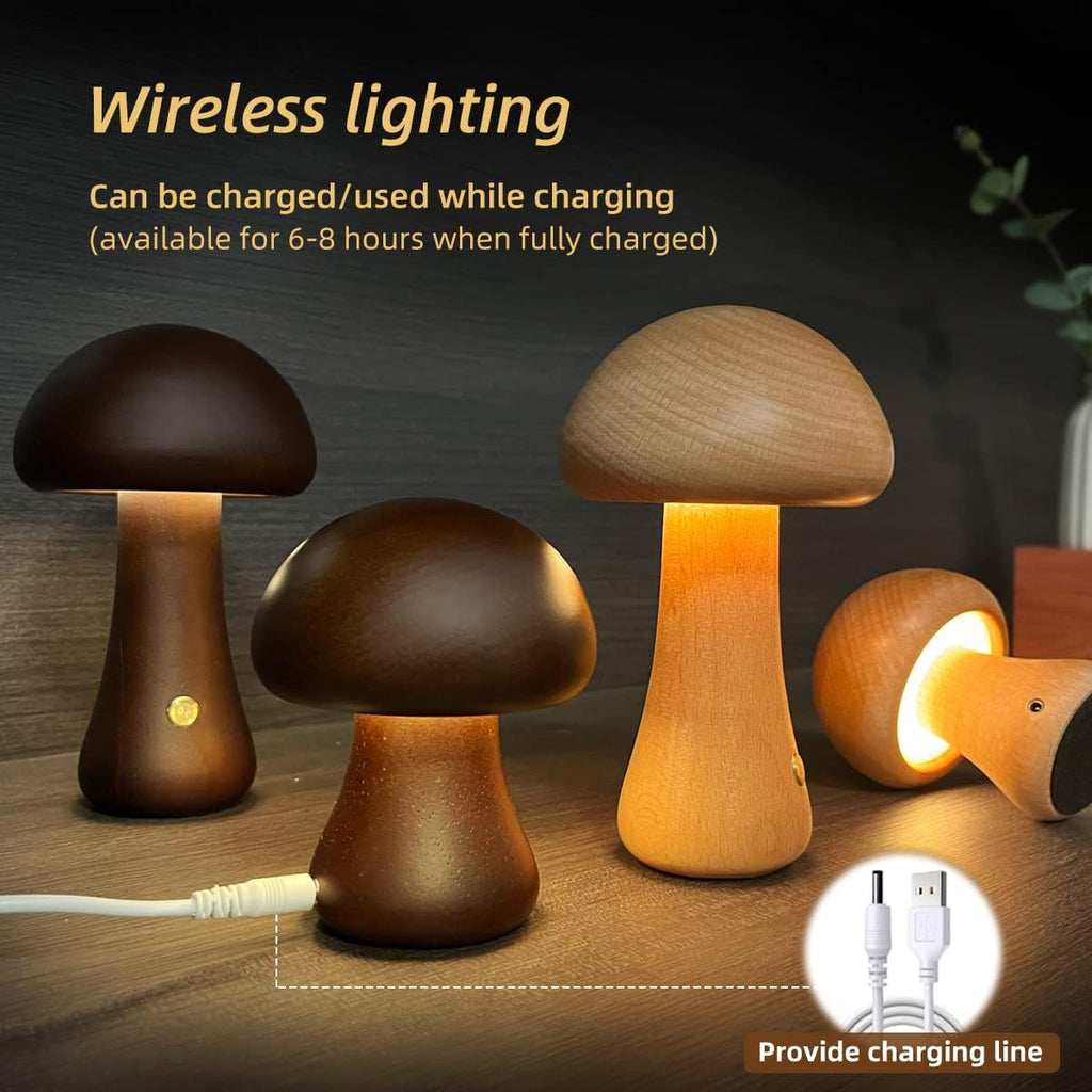 Wooden mushroom LED night light with charging cable, multiple lamps glowing