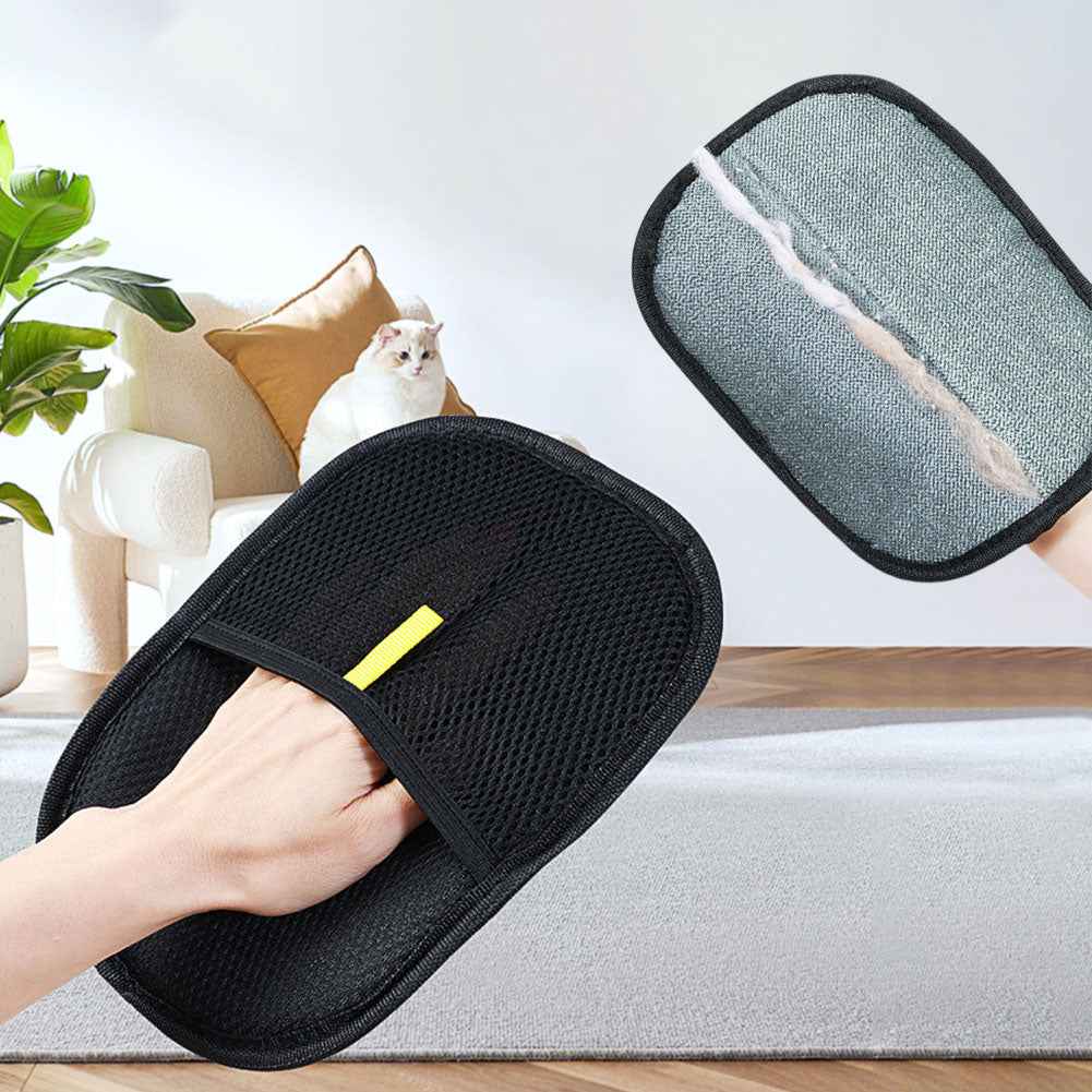 Black pet hair removal mitt and gray bristle pad with yellow tab, shown together