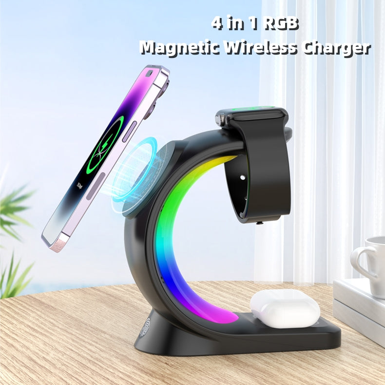Magnetic wireless charger stand with RGB ring light and phone, watch, and earbuds pads