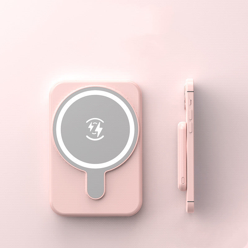Pink magnetic wireless power bank with circular charging icon and side profile