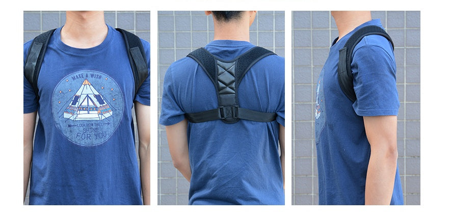 Posture corrector strap worn over blue shirt from front and side angles