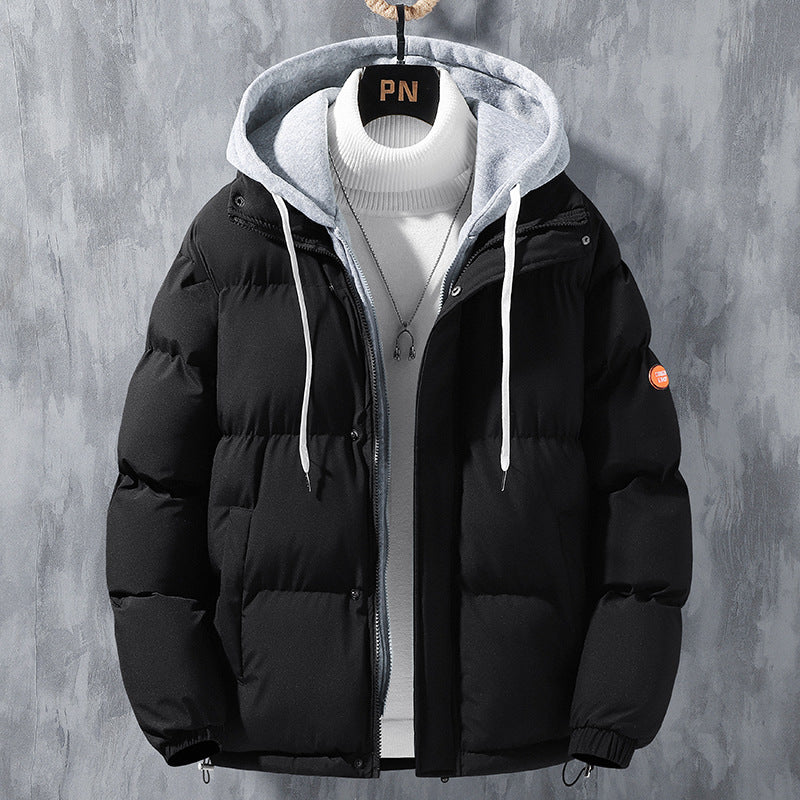 Men’s hooded puffer jacket in black with full-length front zipper and drawstring hood